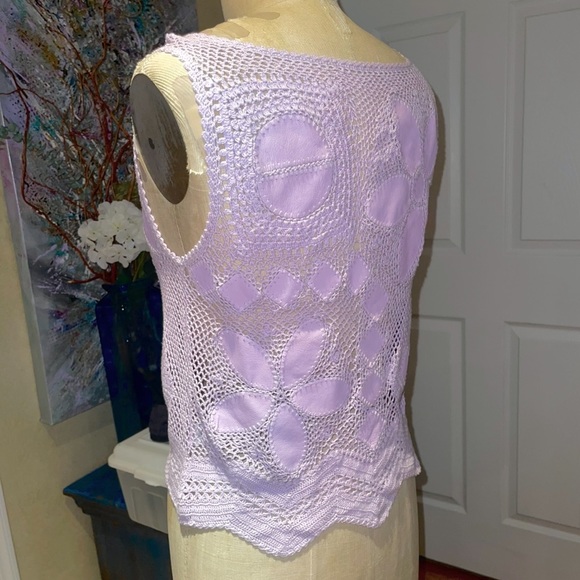 Hand Crochet Tank w/Genuine Leather Insert Patches | Handmade | Lavender | Sz: S - Picture 3 of 11